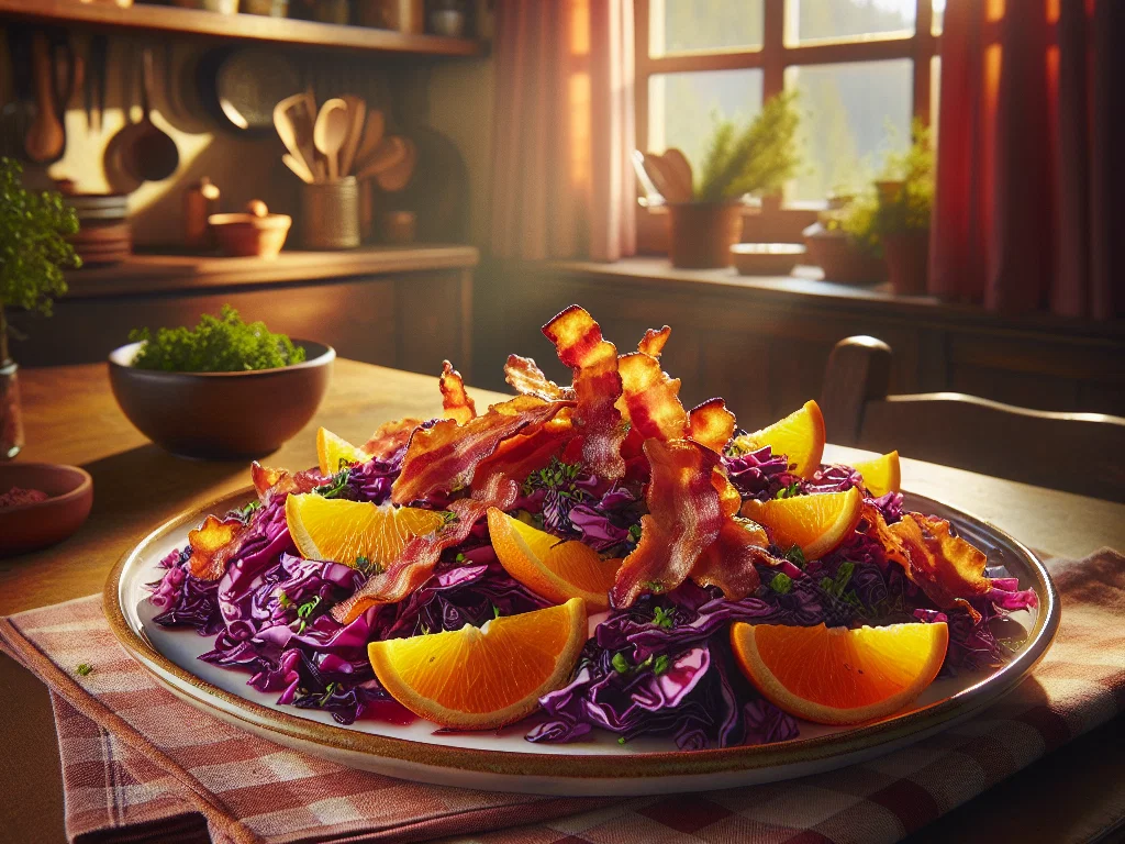 Orangen-Rotkohl-Salat mit knusprigen Speckchips