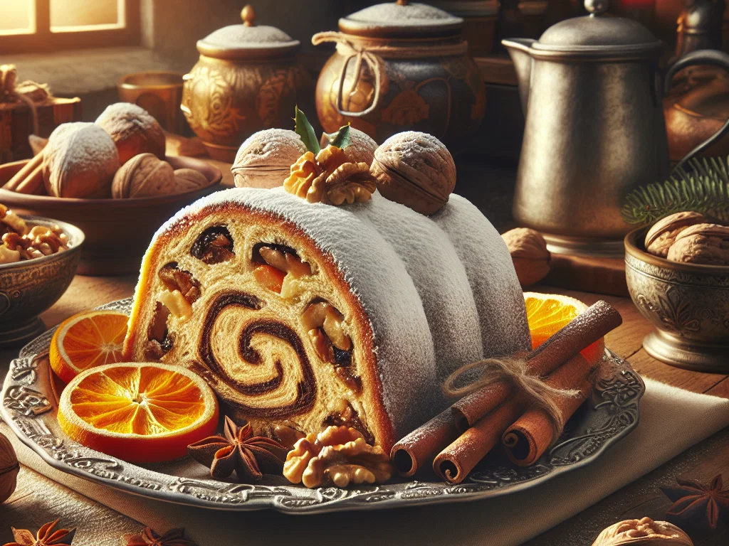 Nussstollen mit Walnüssen und Marzipan