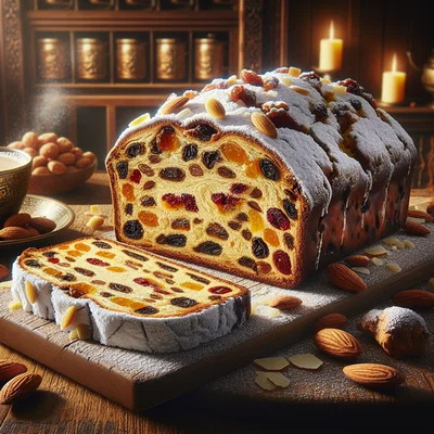 Früchte-Mandelstollen mit Rumrosinen und Marzipankern