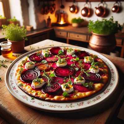 Gerösteter Flammkuchen mit Roter Beete und Ziegenkäse