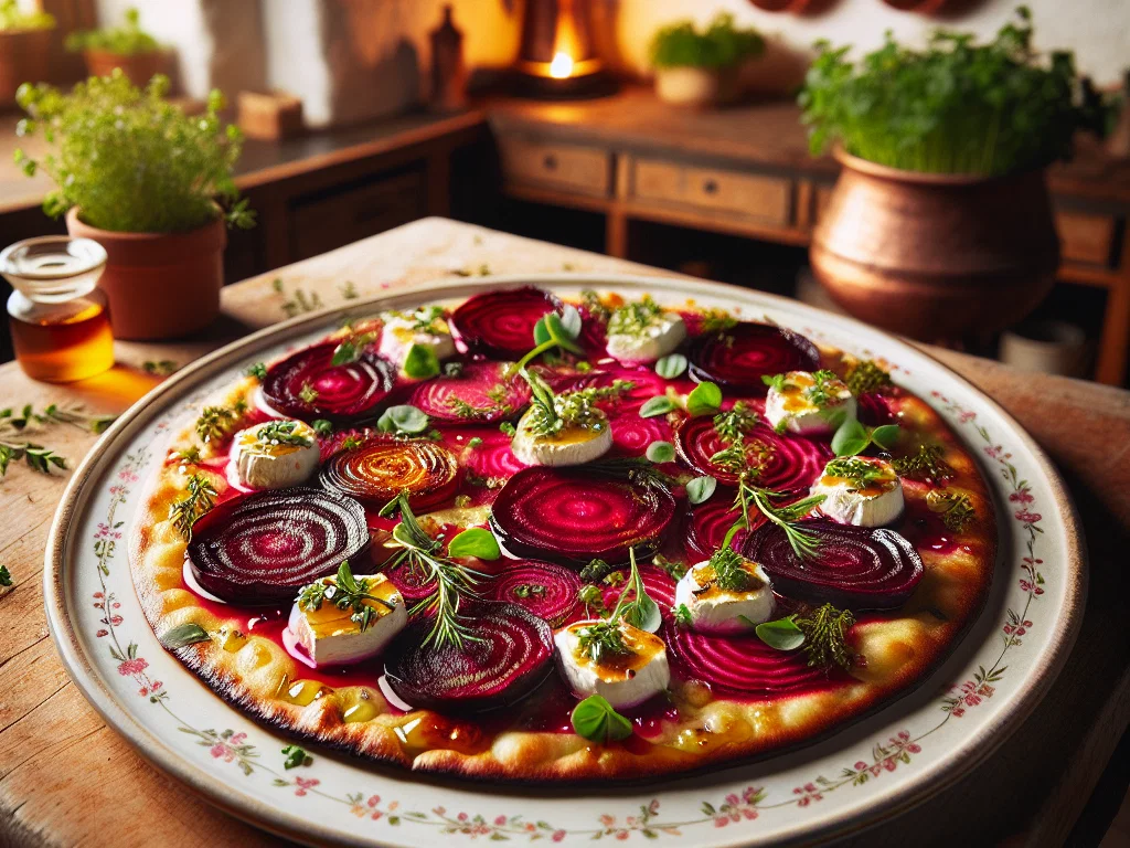 Gerösteter Flammkuchen mit Roter Beete und Ziegenkäse