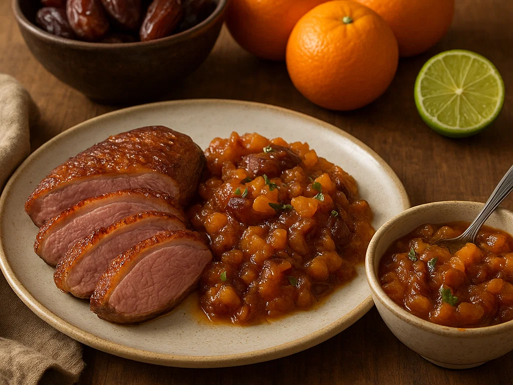 Orangen-Dattel-Relish mit Entenbrust