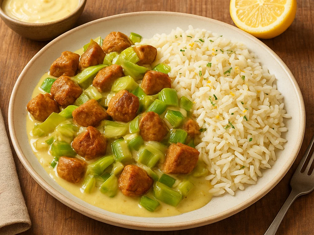 Sojachunks-Lauch-Pfanne mit Kochkäse und Zitronenreis