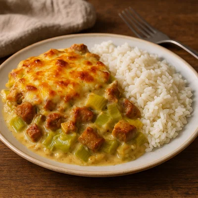 Rauchige Soja-Lauch-Pfanne mit Kochkäse-Kruste und Ofenreis