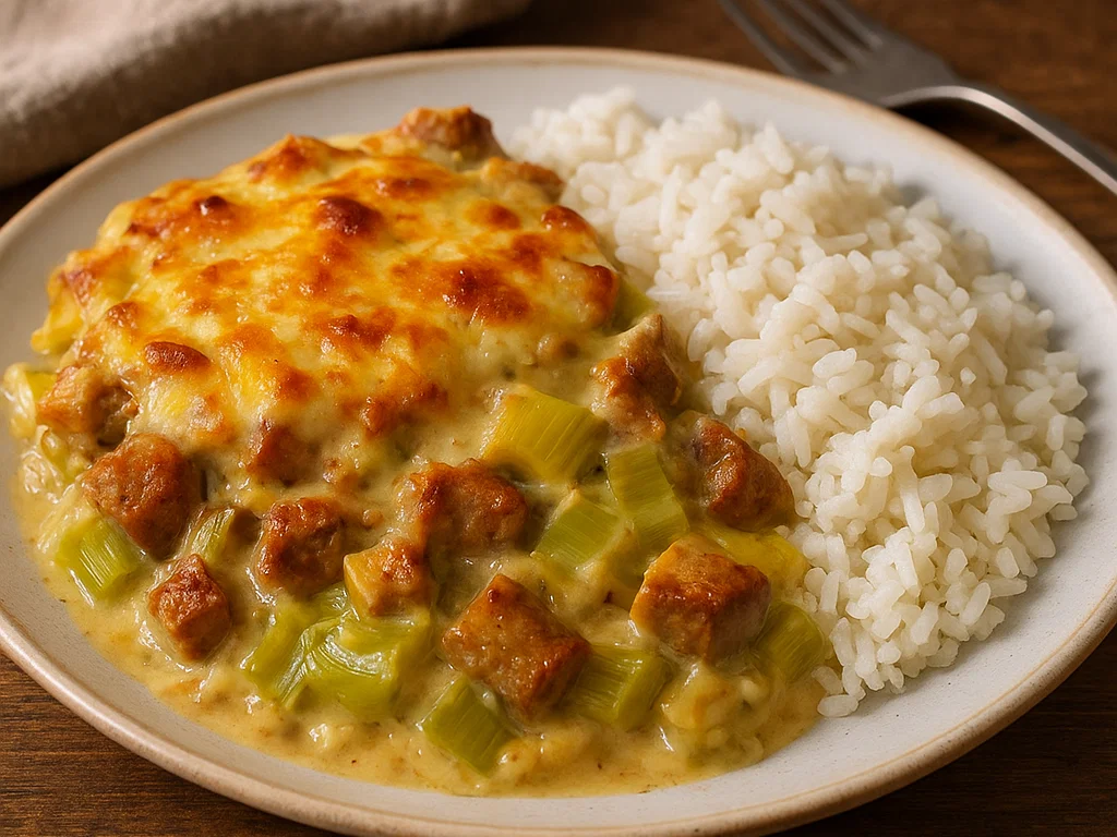Rauchige Soja-Lauch-Pfanne mit Kochkäse-Kruste und Ofenreis