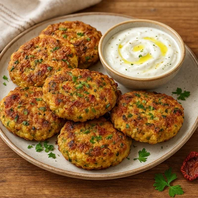 Hirse-Zucchini-Laibchen mit getrockneten Tomaten und Zitronen-Joghurt-Dip
