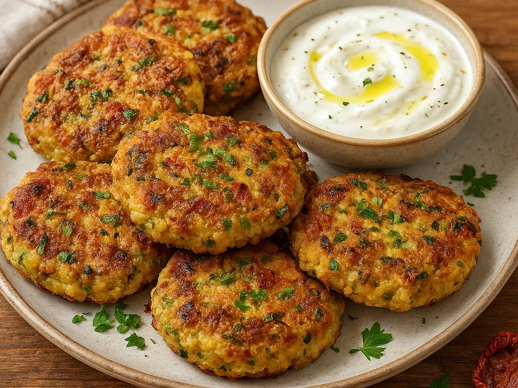 Hirse-Zucchini-Laibchen mit getrockneten Tomaten und Zitronen-Joghurt-Dip