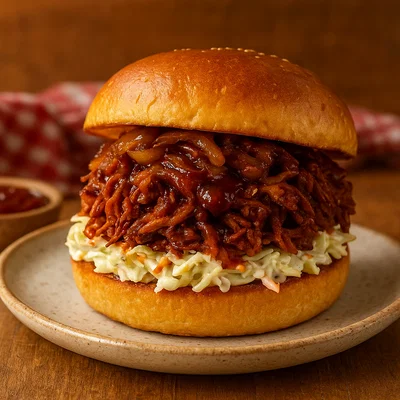Pulled-Seitan-Burger mit Rauch-BBQ und cremigem Krautsalat