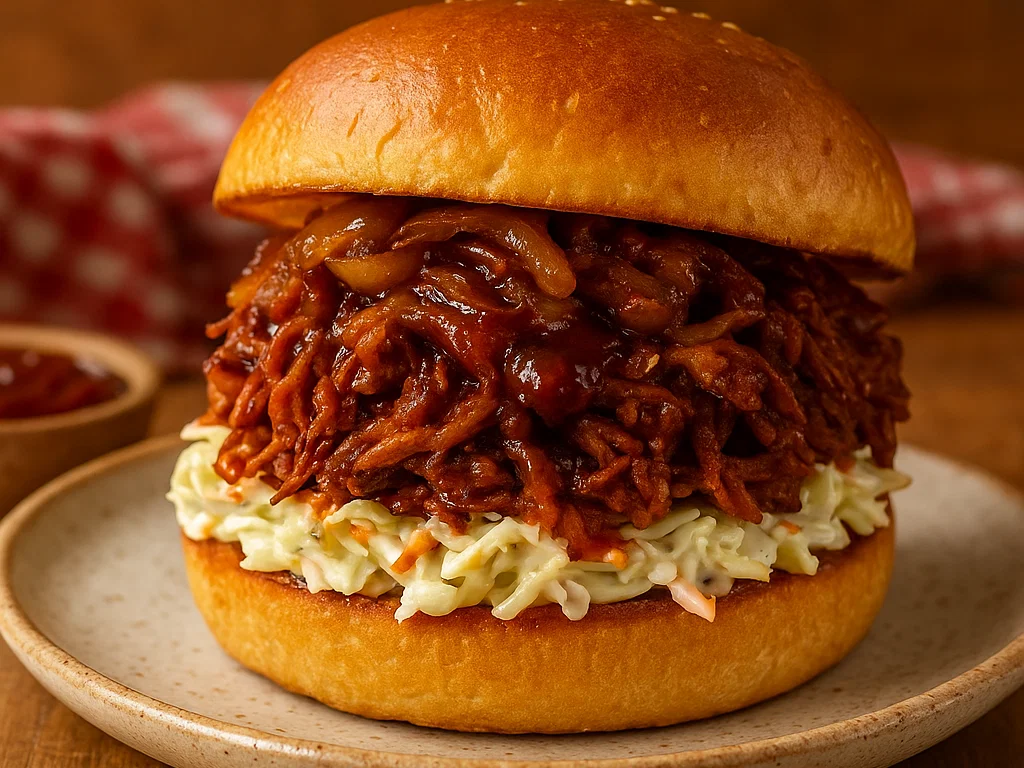 Pulled-Seitan-Burger mit Rauch-BBQ und cremigem Krautsalat