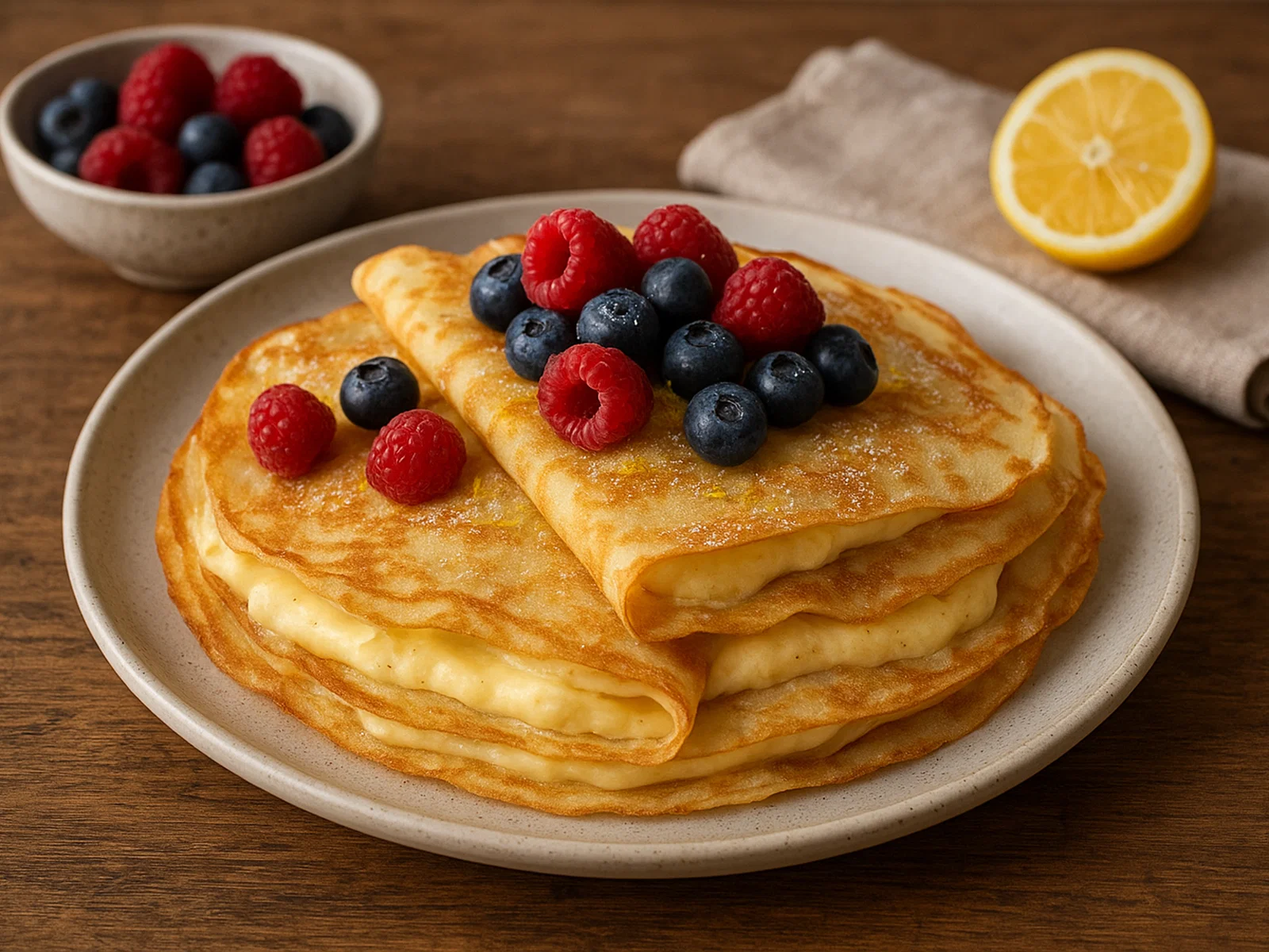 Französische Crêpes mit Vanillecreme und frischen Beeren