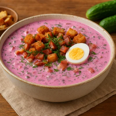 Saltibarsciai – litauische kalte Rote‑Bete-Suppe mit Speck und Brotwürfeln