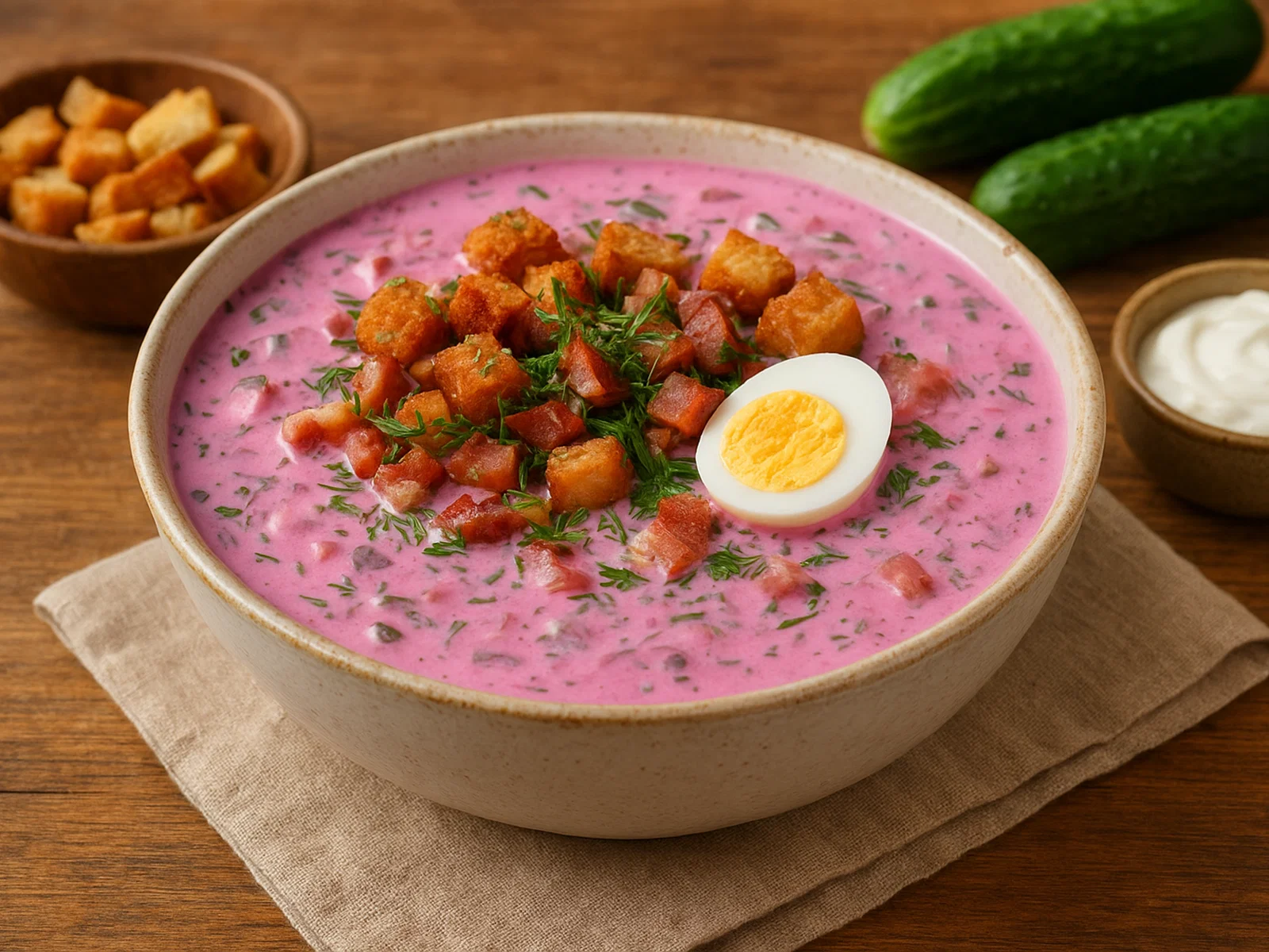 Saltibarsciai – litauische kalte Rote‑Bete-Suppe mit Speck und Brotwürfeln