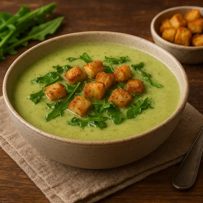 Cremige Löwenzahn-Kartoffel-Suppe mit Knoblauch-Croutons
