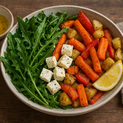 Frühlings-Bowl mit Löwenzahnblättern, Ofengemüse und Feta