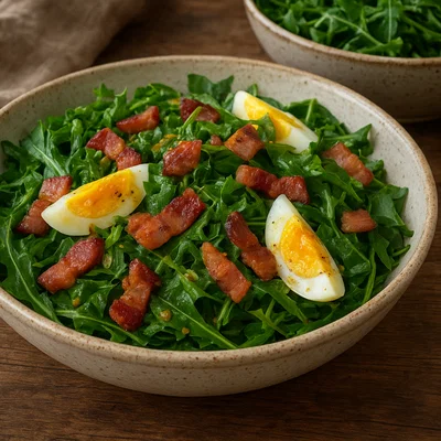 Löwenzahn-Salat mit Speck, Ei und Senf-Vinaigrette