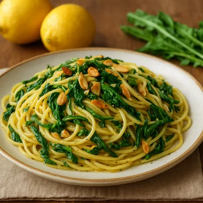 Spaghetti mit Löwenzahn, Zitronenbutter und gerösteten Mandeln