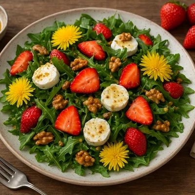 Frischer Löwenzahnblüten-Salat mit Erdbeeren und Ziegenkäse