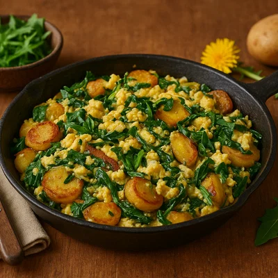 Rustikales Löwenzahn‑Rührei mit Kartoffeln aus der Pfanne