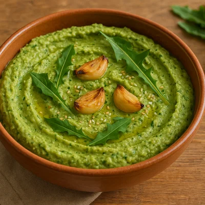 Löwenzahn-Hummus mit geröstetem Knoblauch