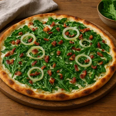 Flammkuchen mit Löwenzahn, Zwiebeln und Speck