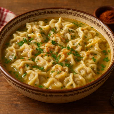 Hausgemachte türkische Manti mit Joghurt-Knoblauch-Sauce und Paprika-Butter