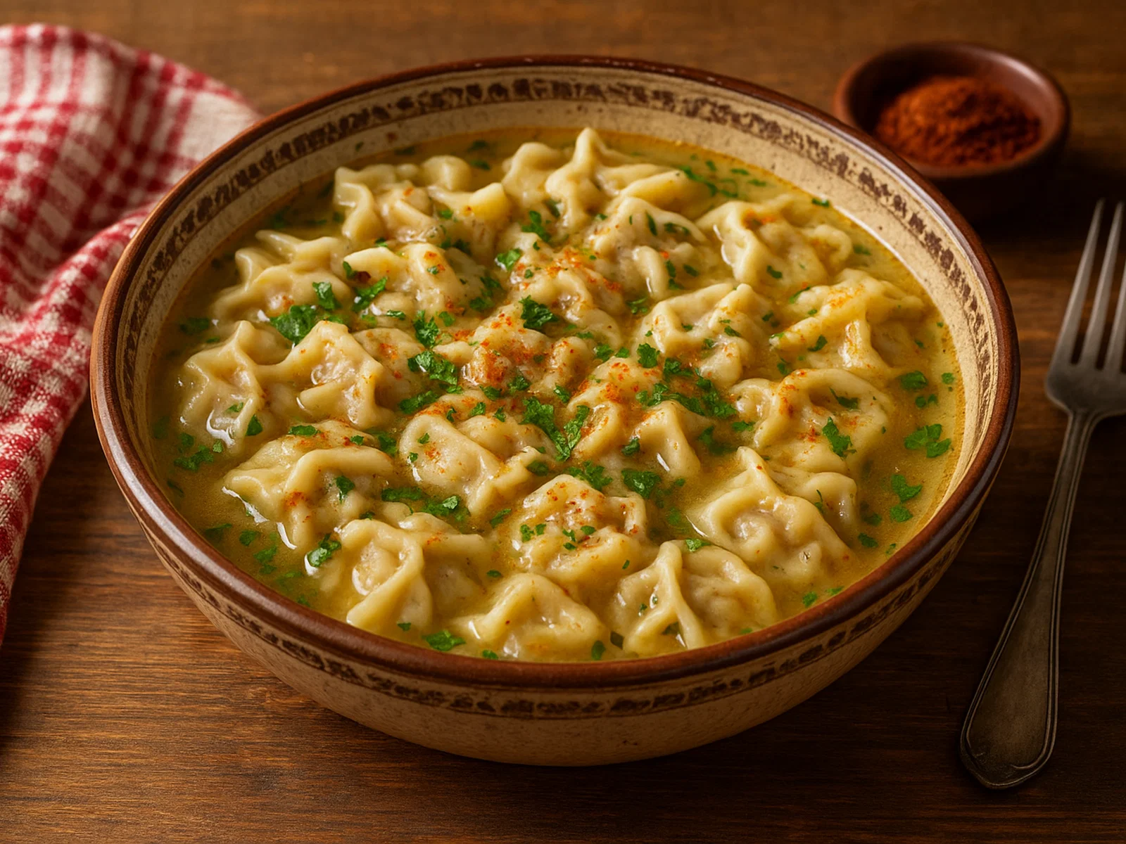 Hausgemachte türkische Manti mit Joghurt-Knoblauch-Sauce und Paprika-Butter