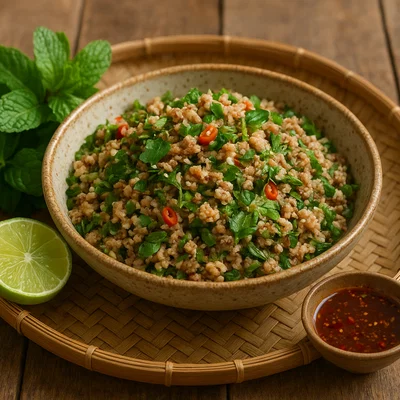 Laotisches Larb mit gehacktem Fleisch und geröstetem Reis