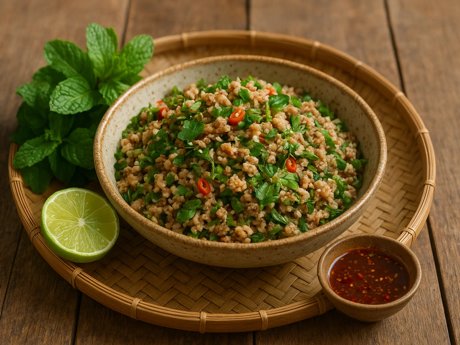 Laotisches Larb mit gehacktem Fleisch und geröstetem Reis
