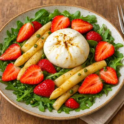 Lauwarmer weißer Spargelsalat mit Erdbeeren, grünem Pfeffer und Burrata