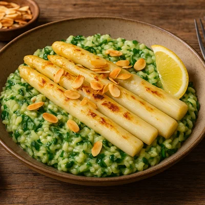 Gebratener weißer Spargel auf Bärlauch-Risotto mit gerösteten Mandeln