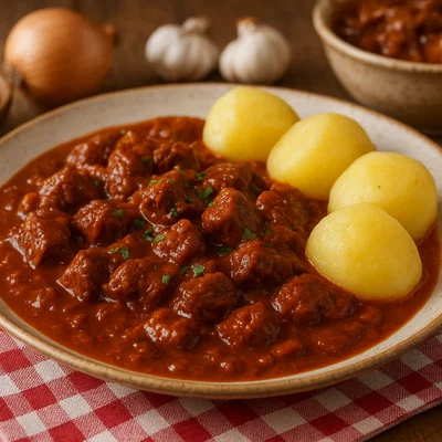 Kräftiges Rindergulasch mit Paprika und Zwiebeln