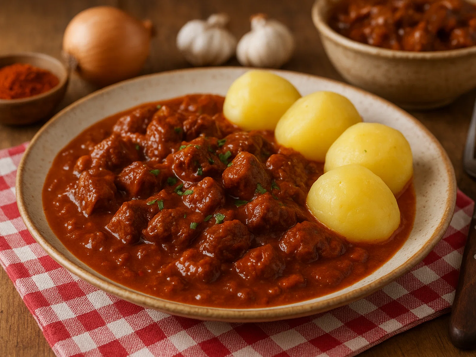 Kräftiges Rindergulasch mit Paprika und Zwiebeln