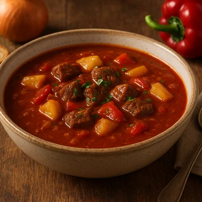 Kräftige Gulaschsuppe mit Rindfleisch und Paprika