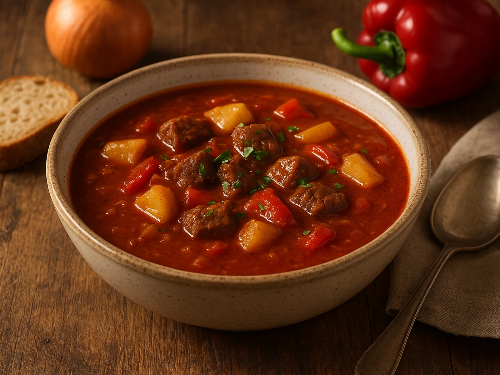Kräftige Gulaschsuppe mit Rindfleisch und Paprika