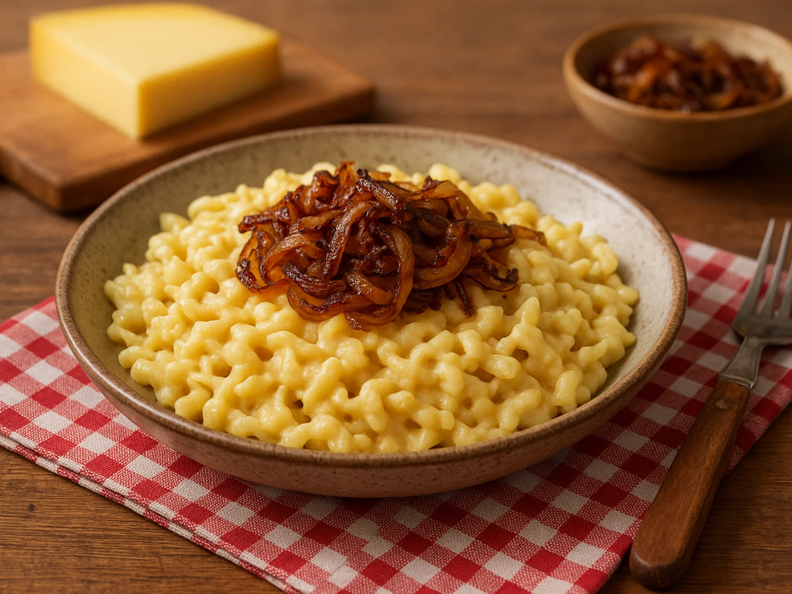 Käsespätzle mit Röstzwiebeln aus der Pfanne