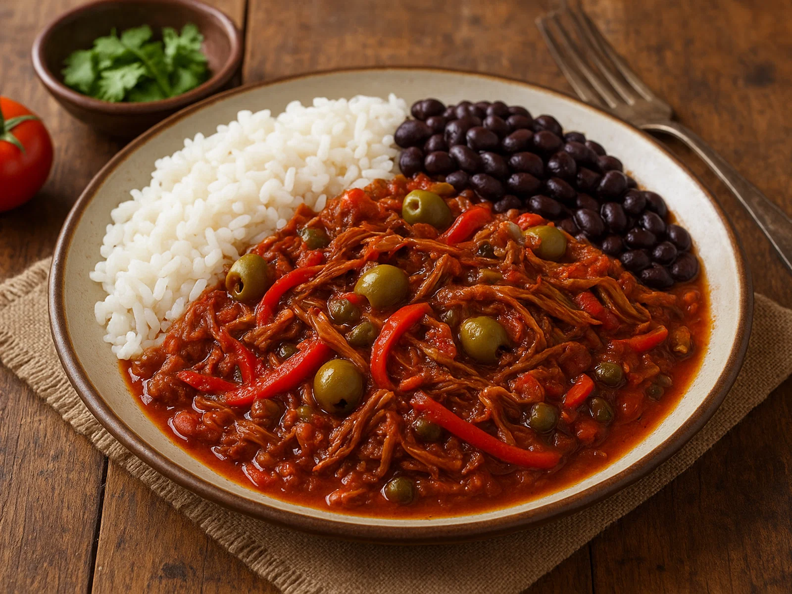 Kubanische Ropa Vieja (Geschmortes Rindfleisch mit Paprika und Tomaten)