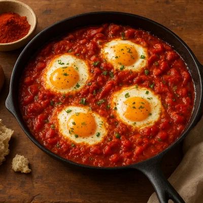 Shakshuka mit pochierten Eiern in würziger Tomatensauce
