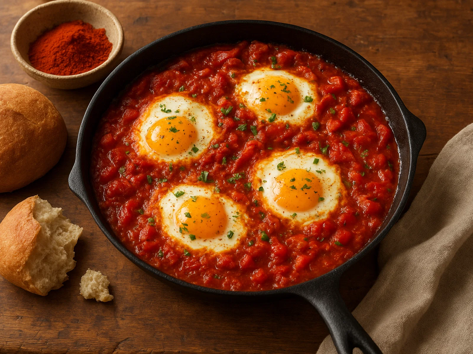 Shakshuka mit pochierten Eiern in würziger Tomatensauce