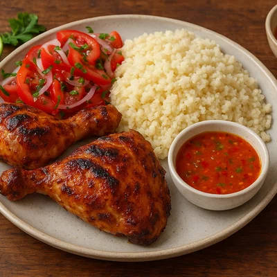 Attiéké mit gegrilltem Hähnchen, Tomaten-Zwiebel-Salat und Chili-Zitronen-Sauce