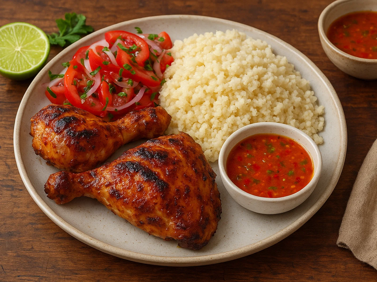 Attiéké mit gegrilltem Hähnchen, Tomaten-Zwiebel-Salat und Chili-Zitronen-Sauce