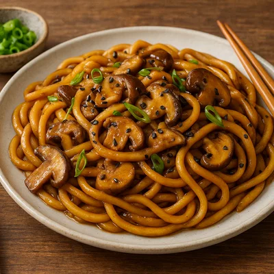 Gebratene Udon-Nudeln mit Miso-Pilz-Sauce