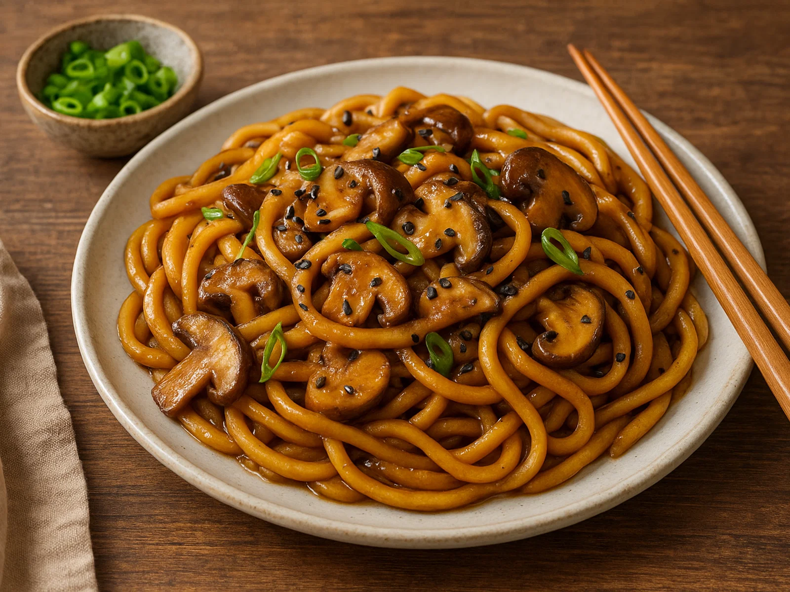 Gebratene Udon-Nudeln mit Miso-Pilz-Sauce