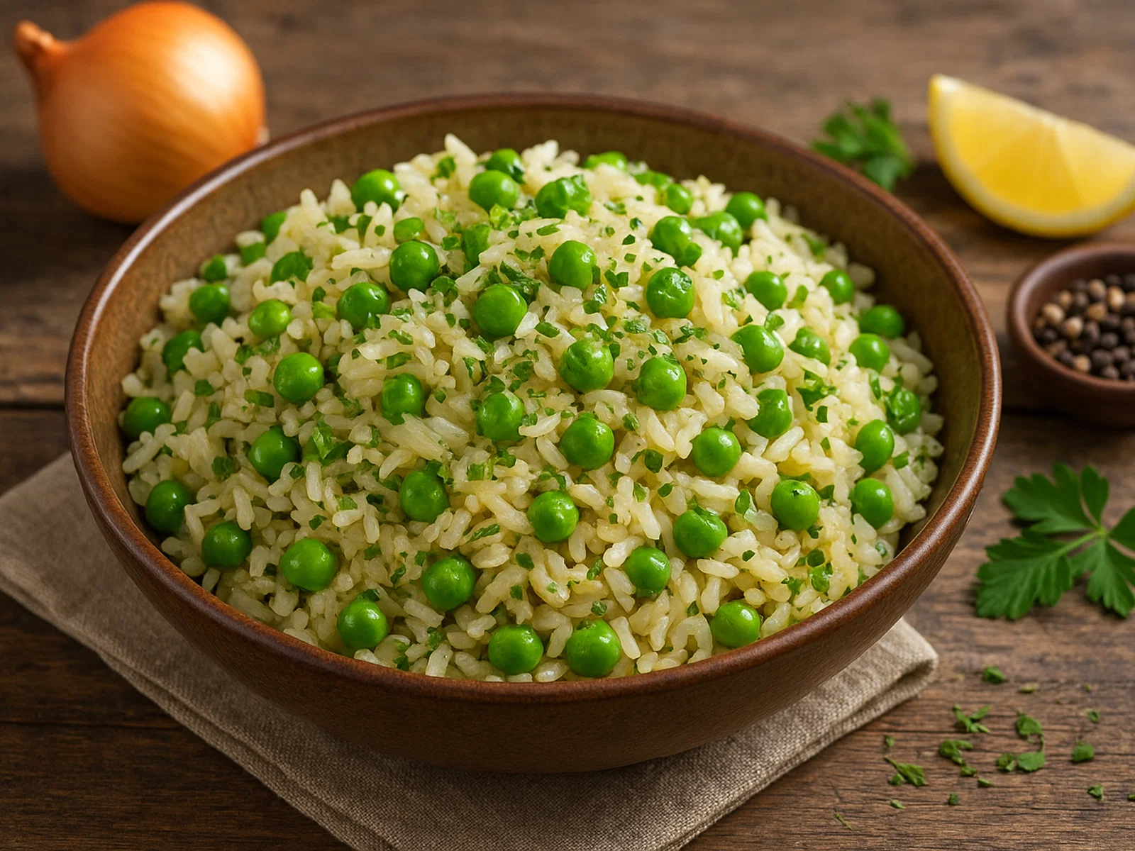 Aromatischer Erbsenreis mit Kräutern
