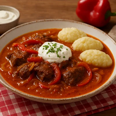 Burgenländisches Paprikafleisch (Schmortopf mit Paprika und Sauerrahm)