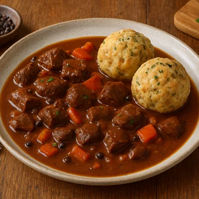 Rehgulasch in Rotwein-Rahmsauce mit Semmelknödeln