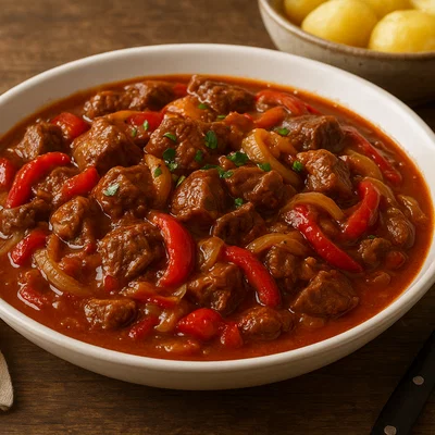Herzhaftes Jägergulasch mit Paprika und Zwiebeln