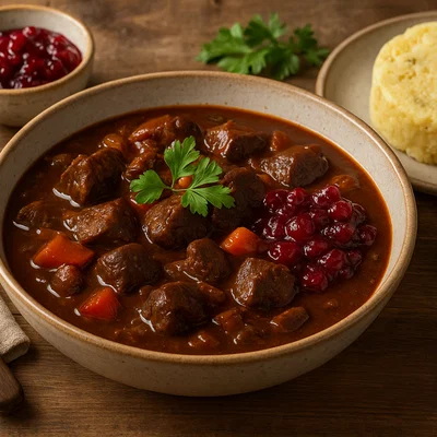 Herzhaftes Hirschgulasch mit Rotwein und Preiselbeeren