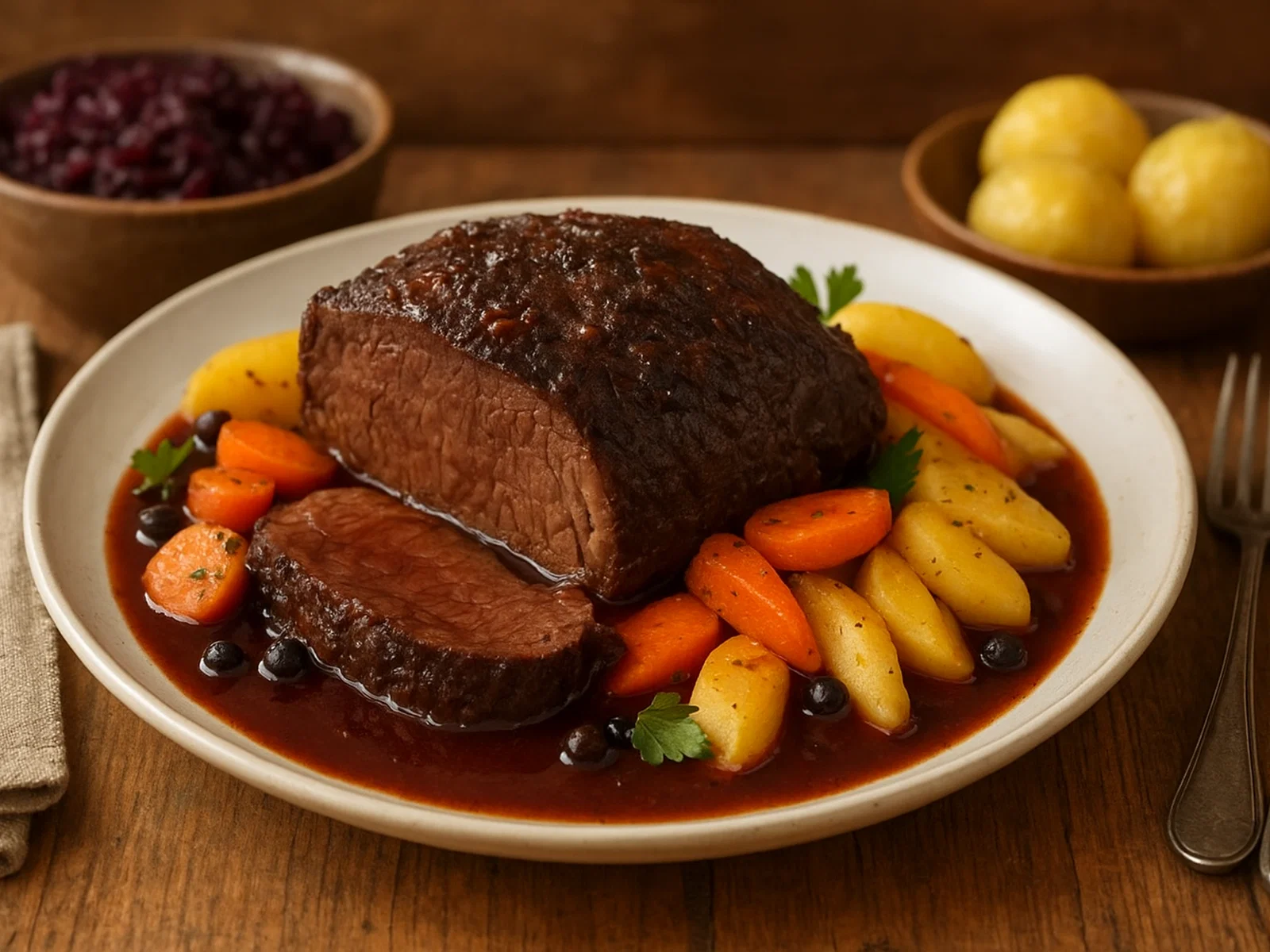 Klassischer Hirsch-Wildbraten mit Rotweinsauce