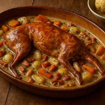 Klassischer Hasenbraten im Rohr mit Rahmsoße, Speck und Wurzelgemüse