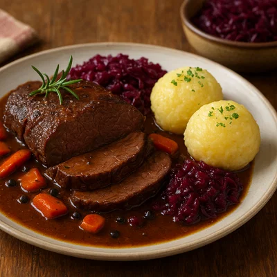 Geschmorter Rehbraten mit Preiselbeeren und Rotkraut